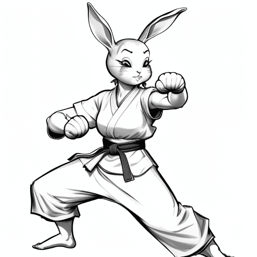 AI generated: sketch, no color, cartoon, line art, 2D, rabbit woman, monk, martial arts punch