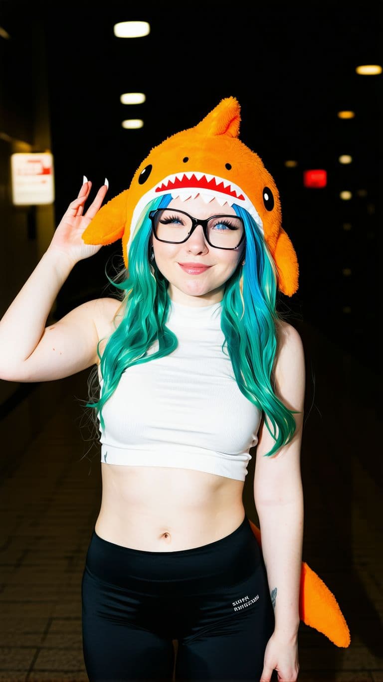 AI generated: furry shark, fluffy orange hair, partially green and blue hair dye, blue eyes, croptop, black leggin...