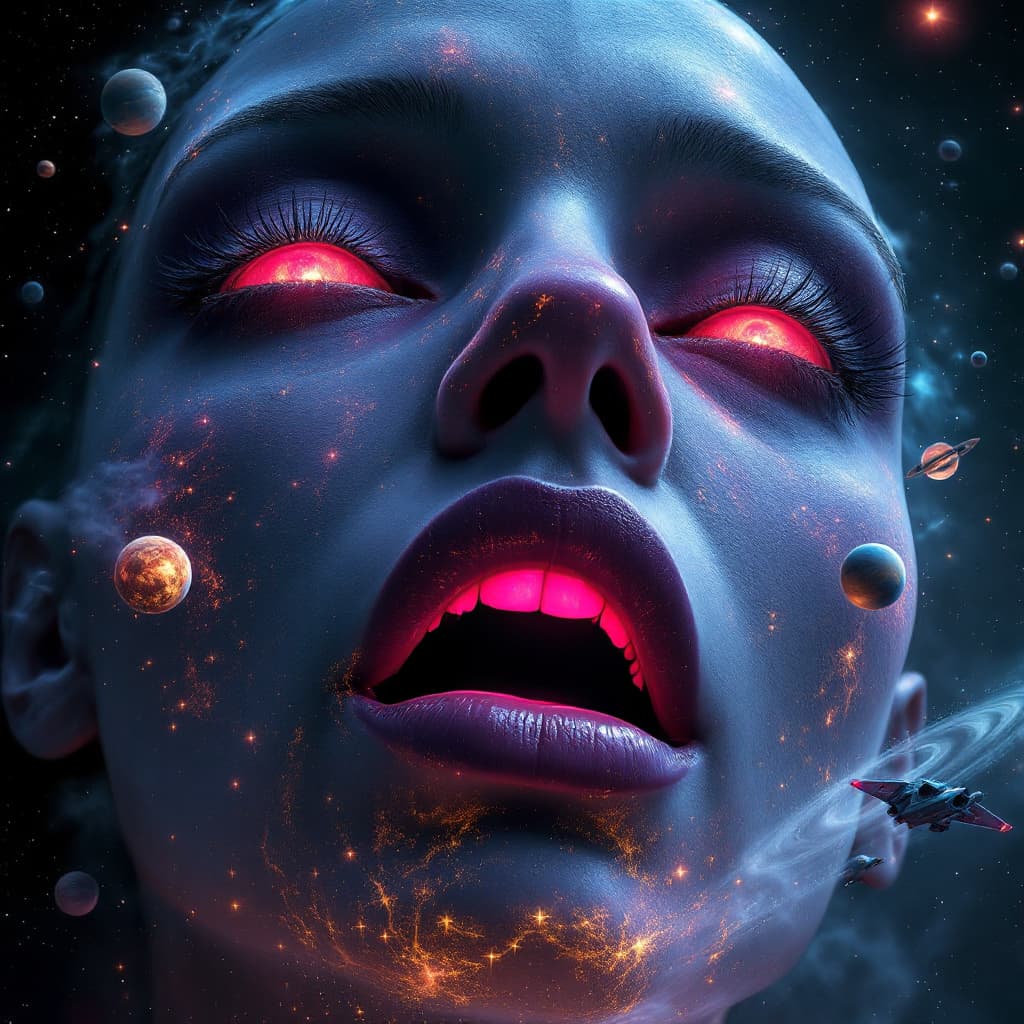 AI generated: close up of an enormous cosmic giantess floating in space's nostrils, minuscule galaxy in front of h...