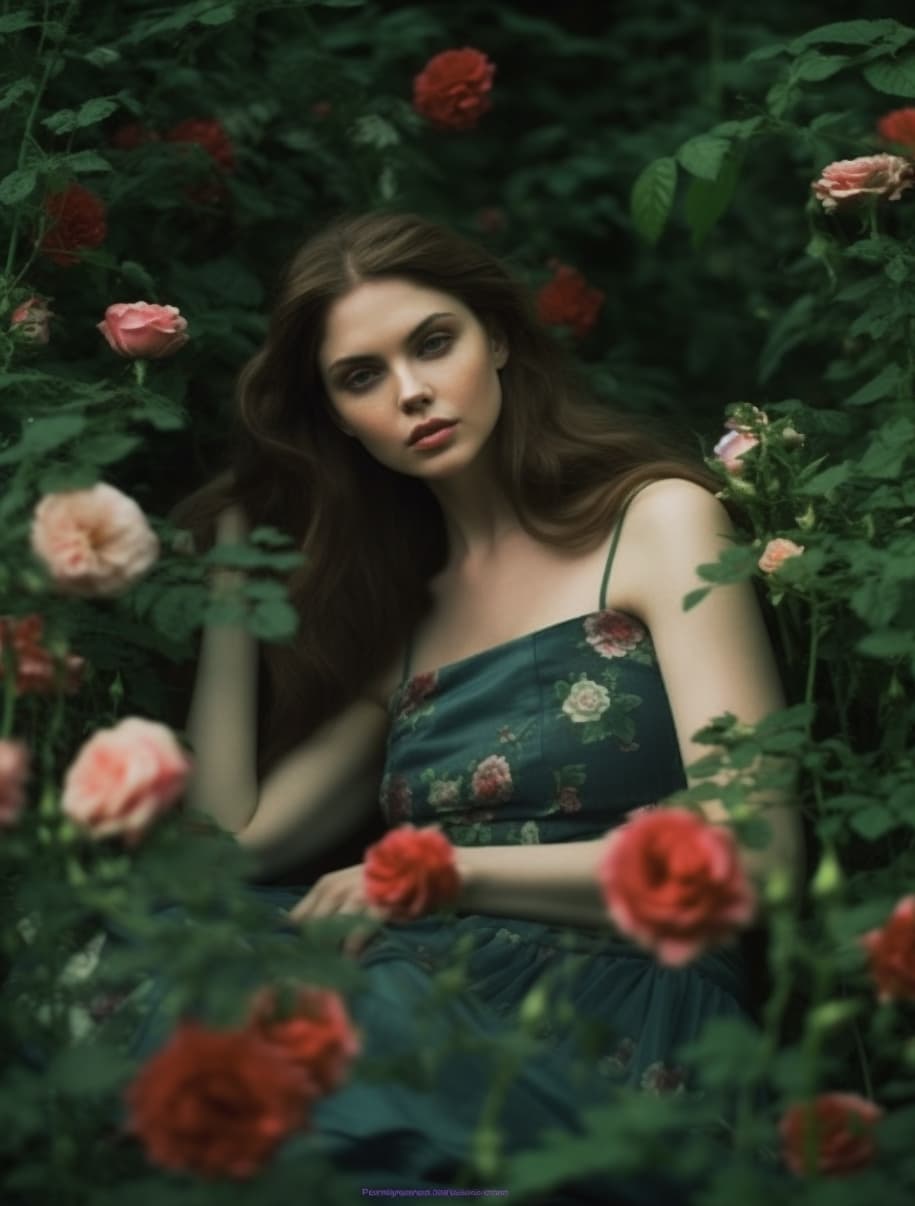 AI generated: a woman sitting in front of a bush of flowers, tumblr, romanticism, poison ivy, nika maisuradze, ros...