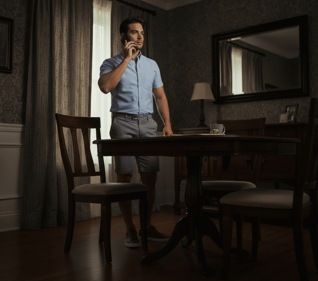 AI generated: The Hispanic male is in his dinning room, looking out the window while holding his phone on his ear....