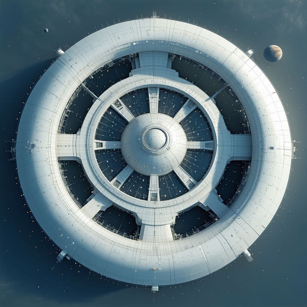 AI generated: • Centrifugal Force: The space city would be designed as a rotating structure (e.g., a wheel, cylind...