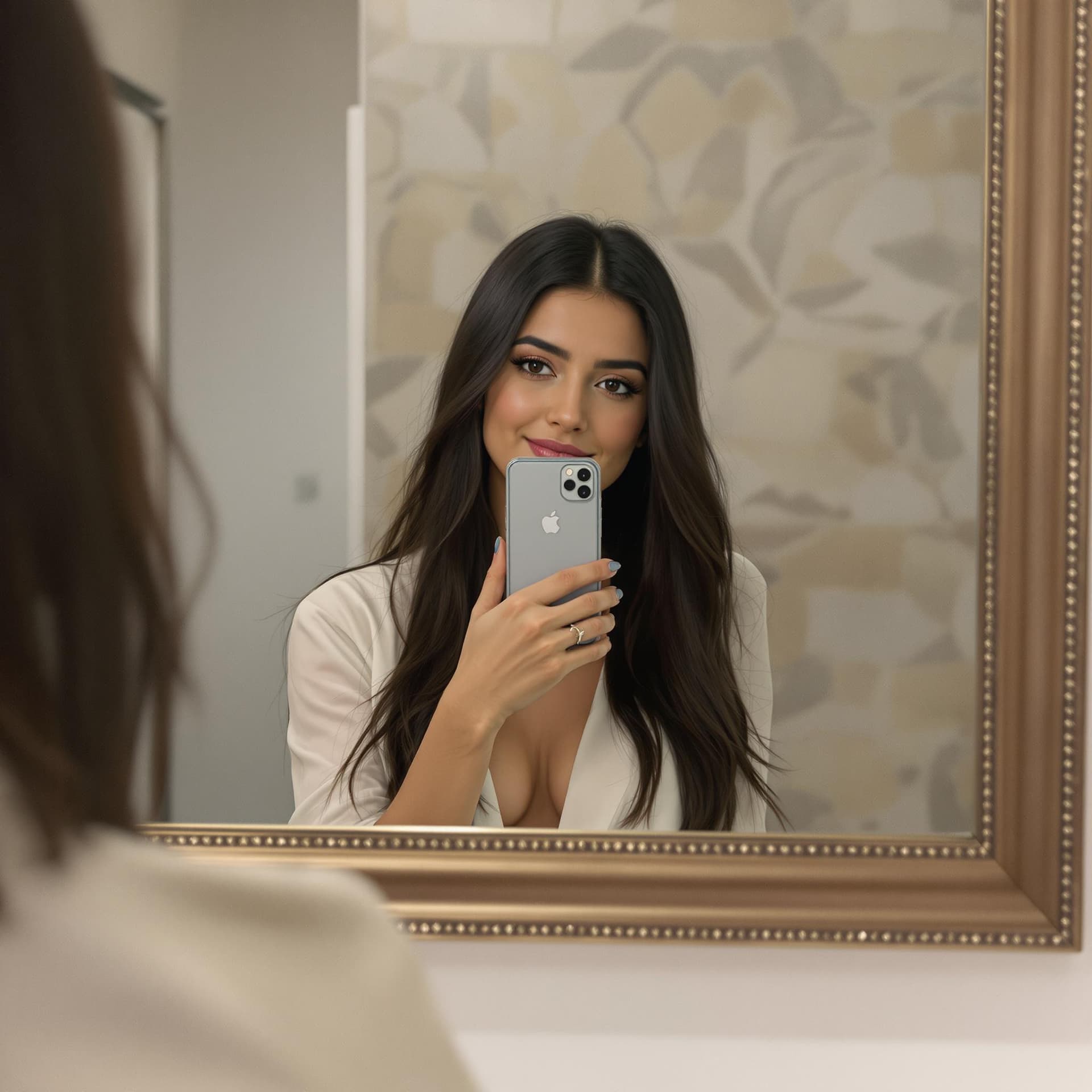 AI generated: the Egiptian girl  takes a photo with her phone of herself in the mirror, she has 30 years old, has ...