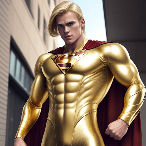 AI generated: male superhero named champion blond hair, gold suit
