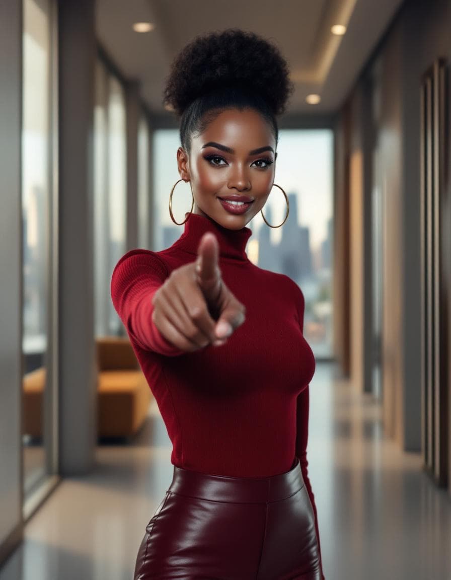 AI generated: Hyper-realistic photo of a gorgeous Afro-American receptionist woman, high bun dark hair, Gold hoop ...