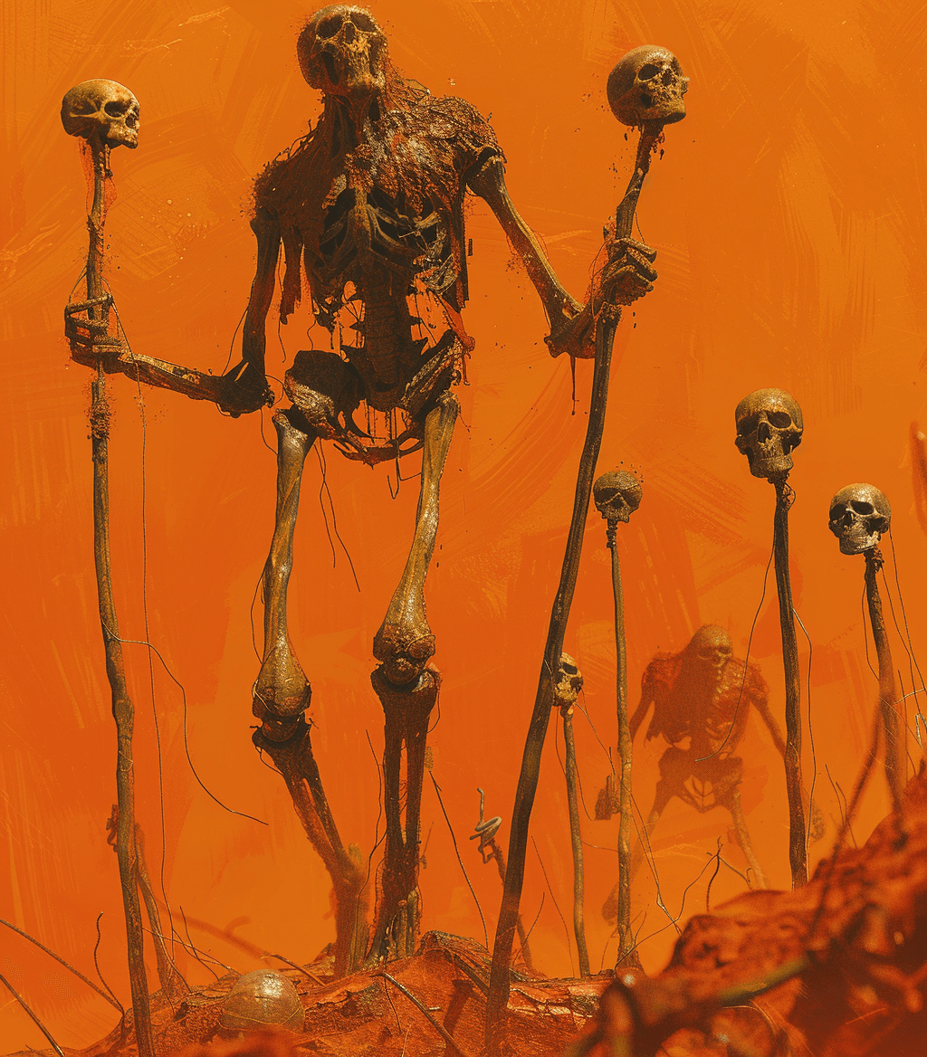 AI generated: A zombie walking on long sticks with skulls at the end of them, illustrated in the style of Ralph Mc...
