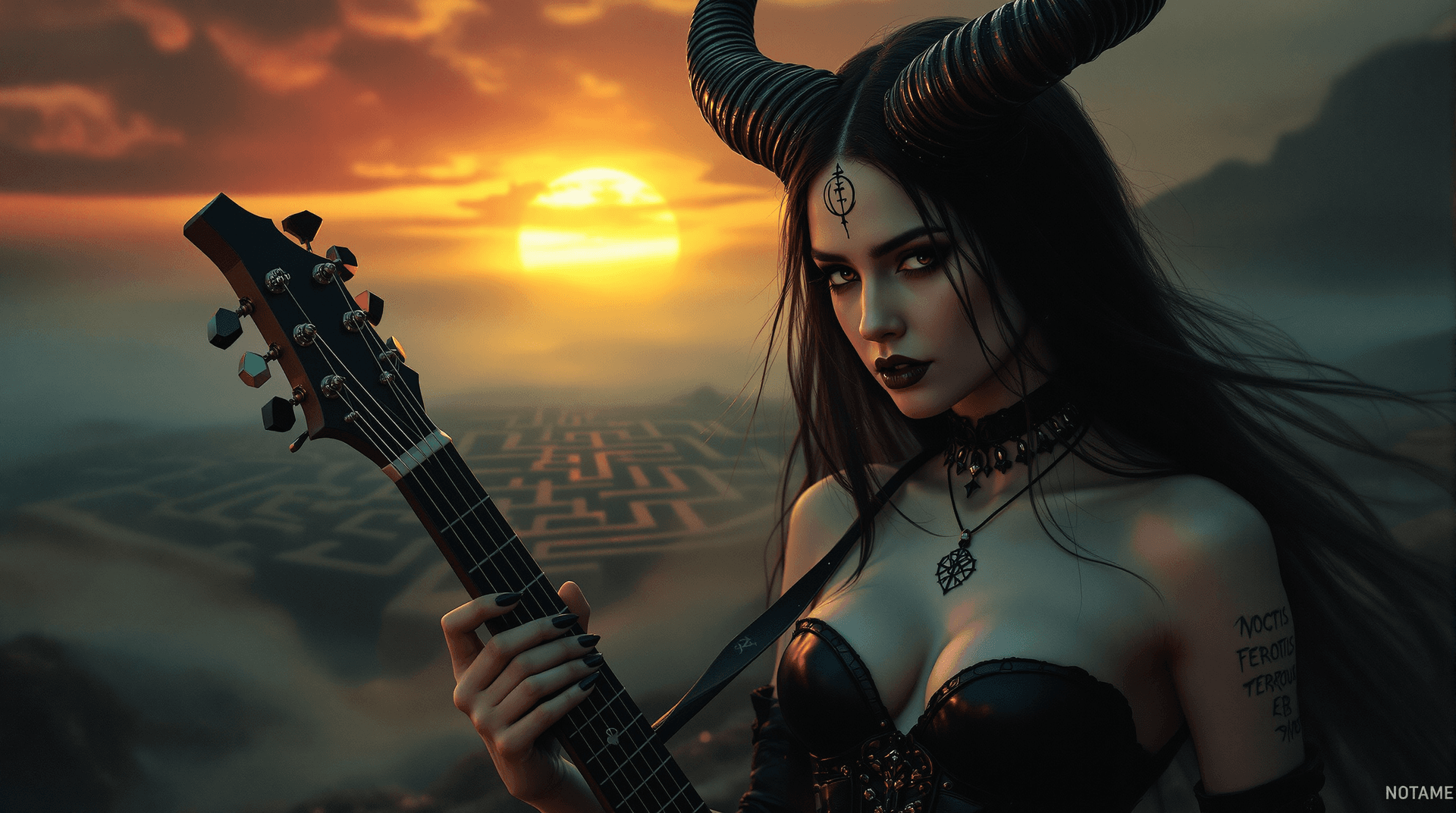 AI generated: A record-album cover, fantasy art: A powerful yet vulnerable female demon, reminiscent of Beksiński'...