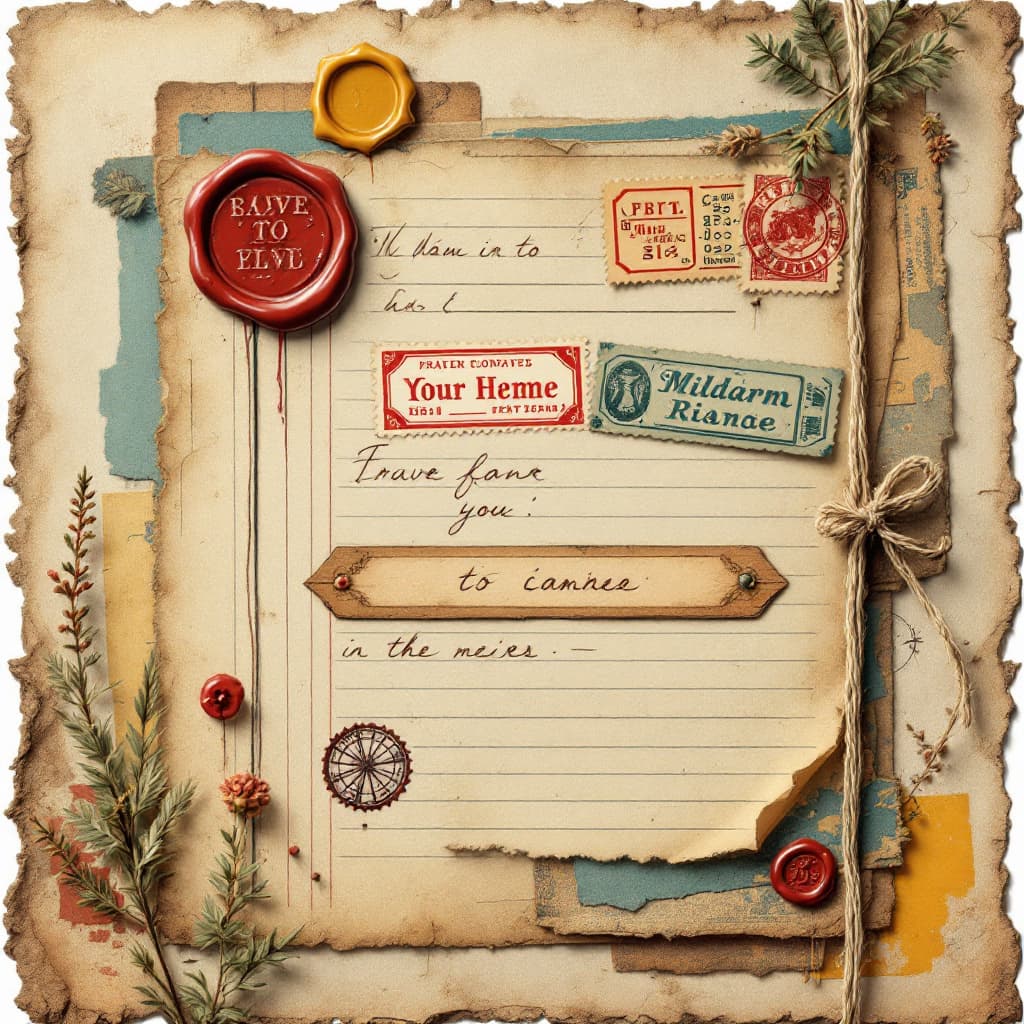 AI generated: This image shows a vintage style journal page designed with a rich mixed media aesthetic. The compos...