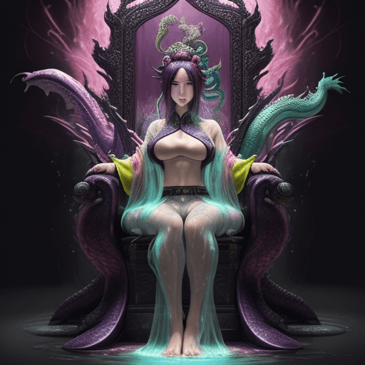 AI generated: wet shirt (see through) Orochi, colorful masterpiece, 1 lady, extremely detailed dragon, luxury thro...