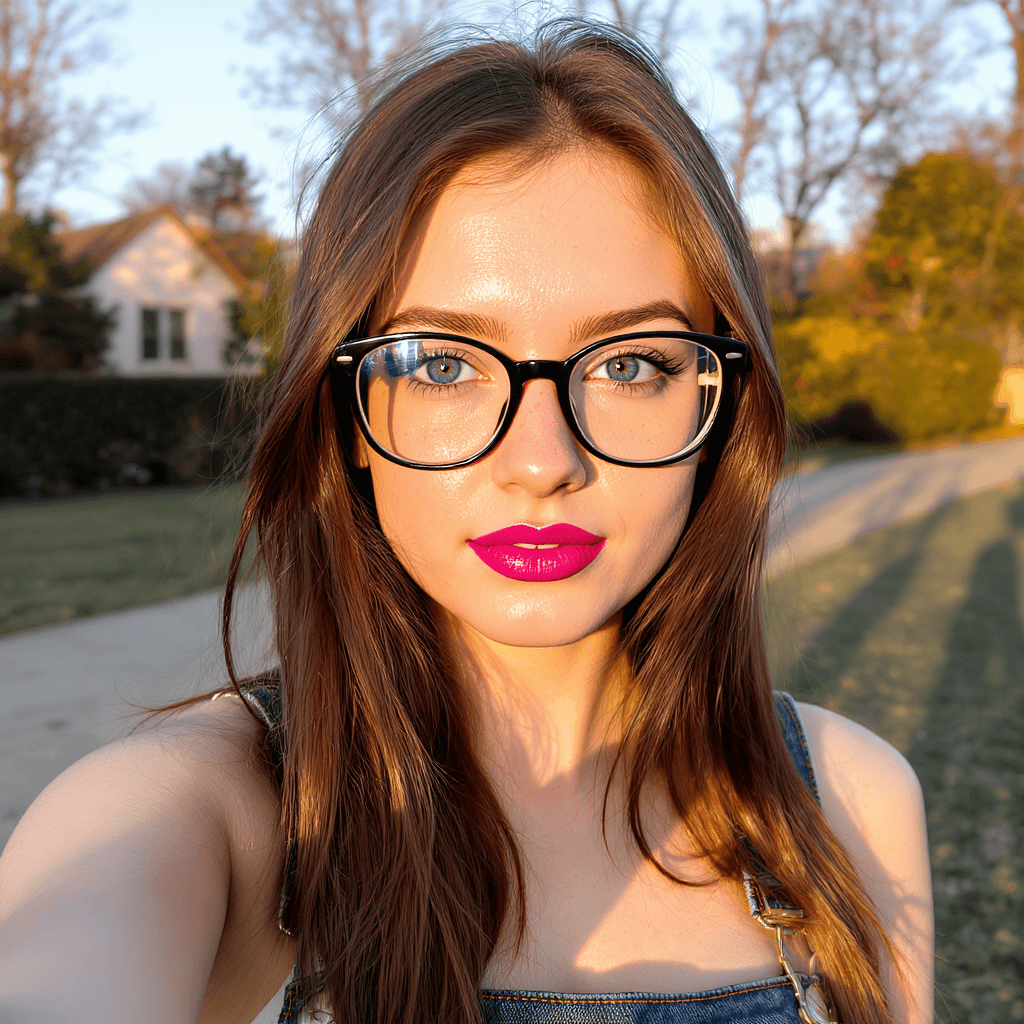 AI generated: Create a selfie portrait mode of a beautiful girl, with beautiful lips, the most gorgeous dark blue ...
