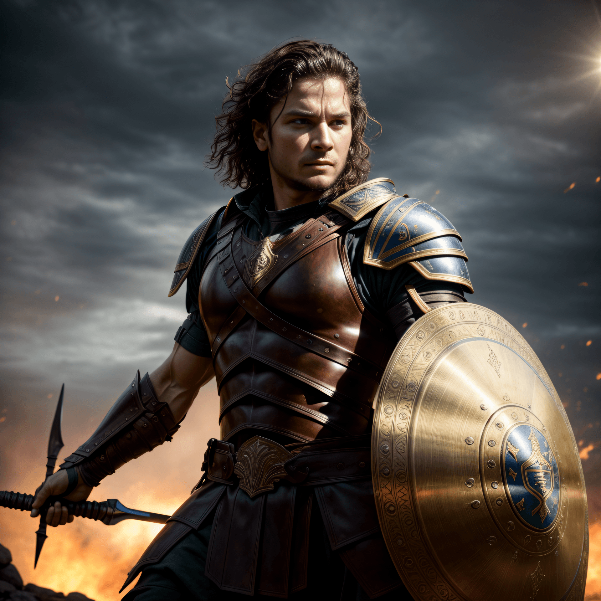AI generated: Cinematic waist-high shot of a fierce Spartan warrior on the battlefield, clad in highly detailed br...