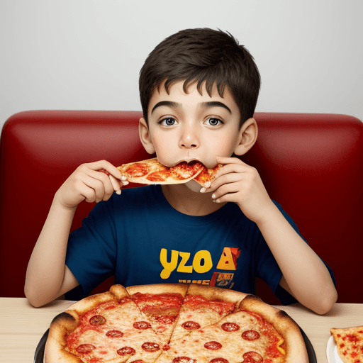 AI generated: a 10 years boy eating pizza , our company name is "YoluPizza" include this also