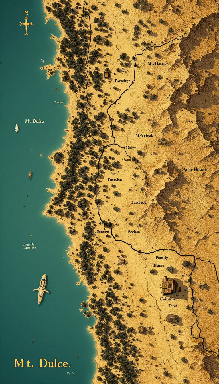 AI generated: Create an image in a Penny Dreadful style comic depicting an aerial map of Mt. Dulce, New Mexico out...