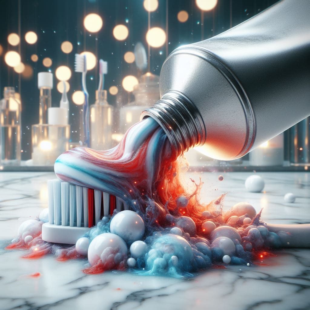 AI generated: Close-up of an open toothpaste tube. The red-white-blue content flows out onto the marble table and ...
