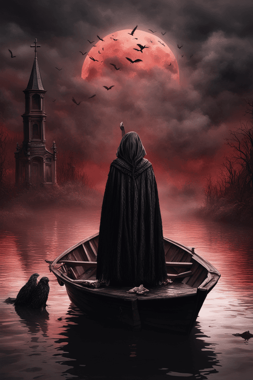 AI generated: Female demon ferryman wearing a cloak of black feathers on a small boat in red water towards a small...