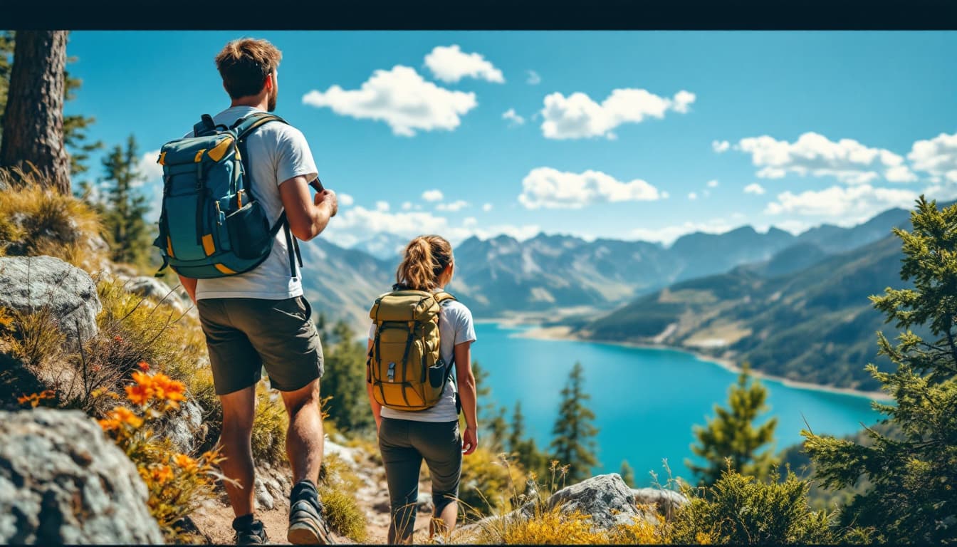AI generated: 3 Hikers on a hiking trail, short sleeves, light daypack, looking towards a lake, sunny day, blue sk...