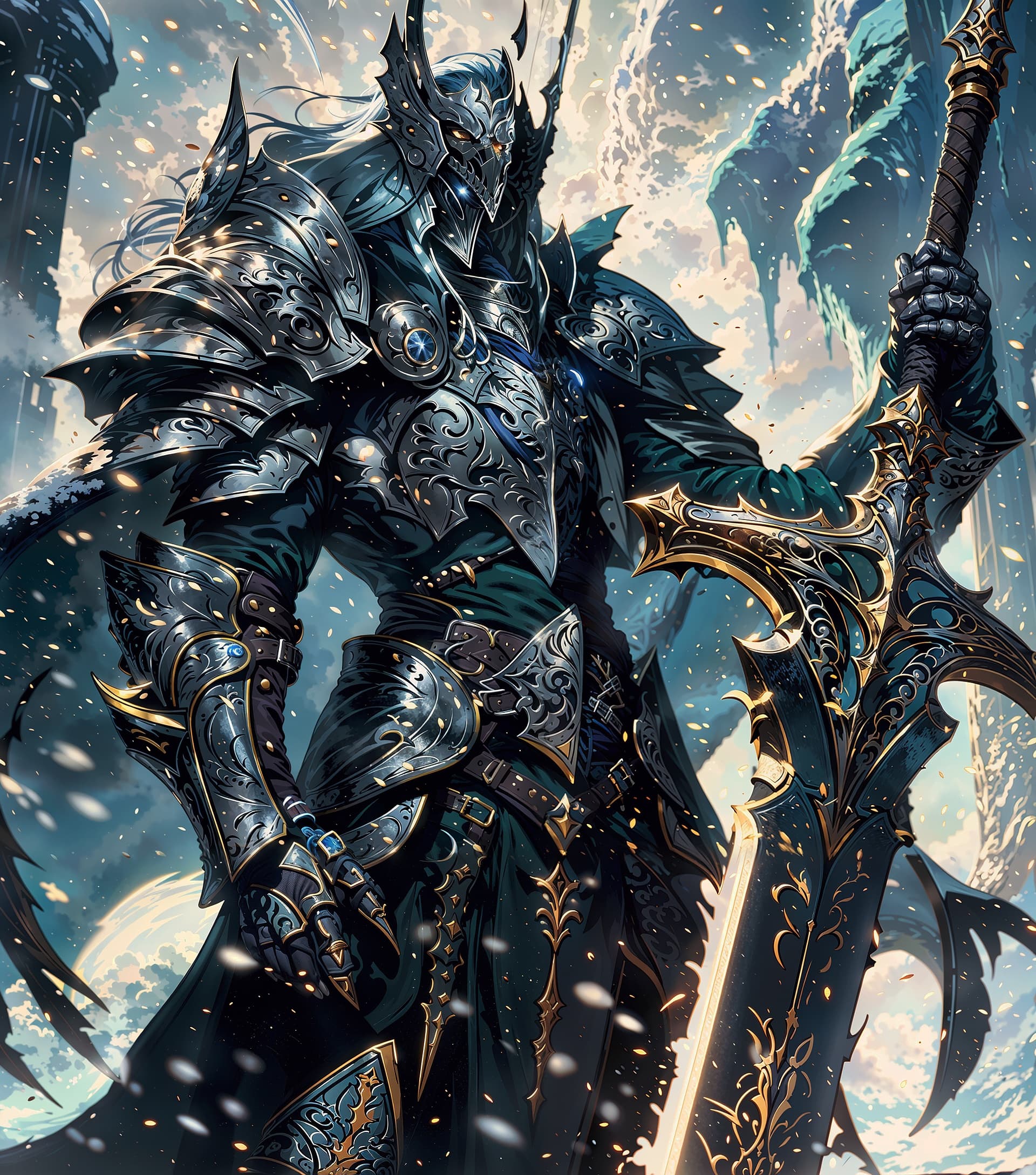 AI generated: A highly detailed, close-up concept art of a figure gripping a giant sword, rendered in the style of...