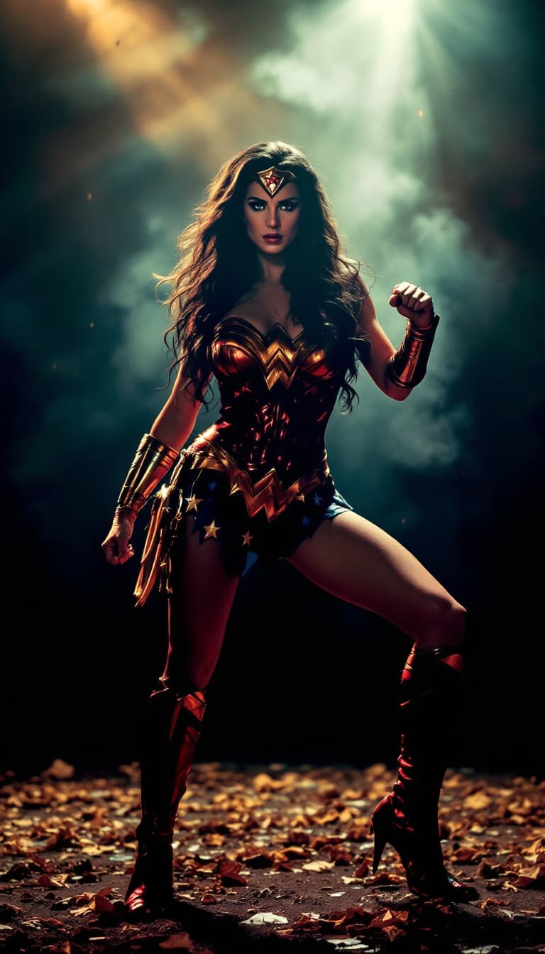 AI generated: 1980's Wonder Woman costume, woman resembling Lynda Carter, striking a heroic pose, dark room ambian...