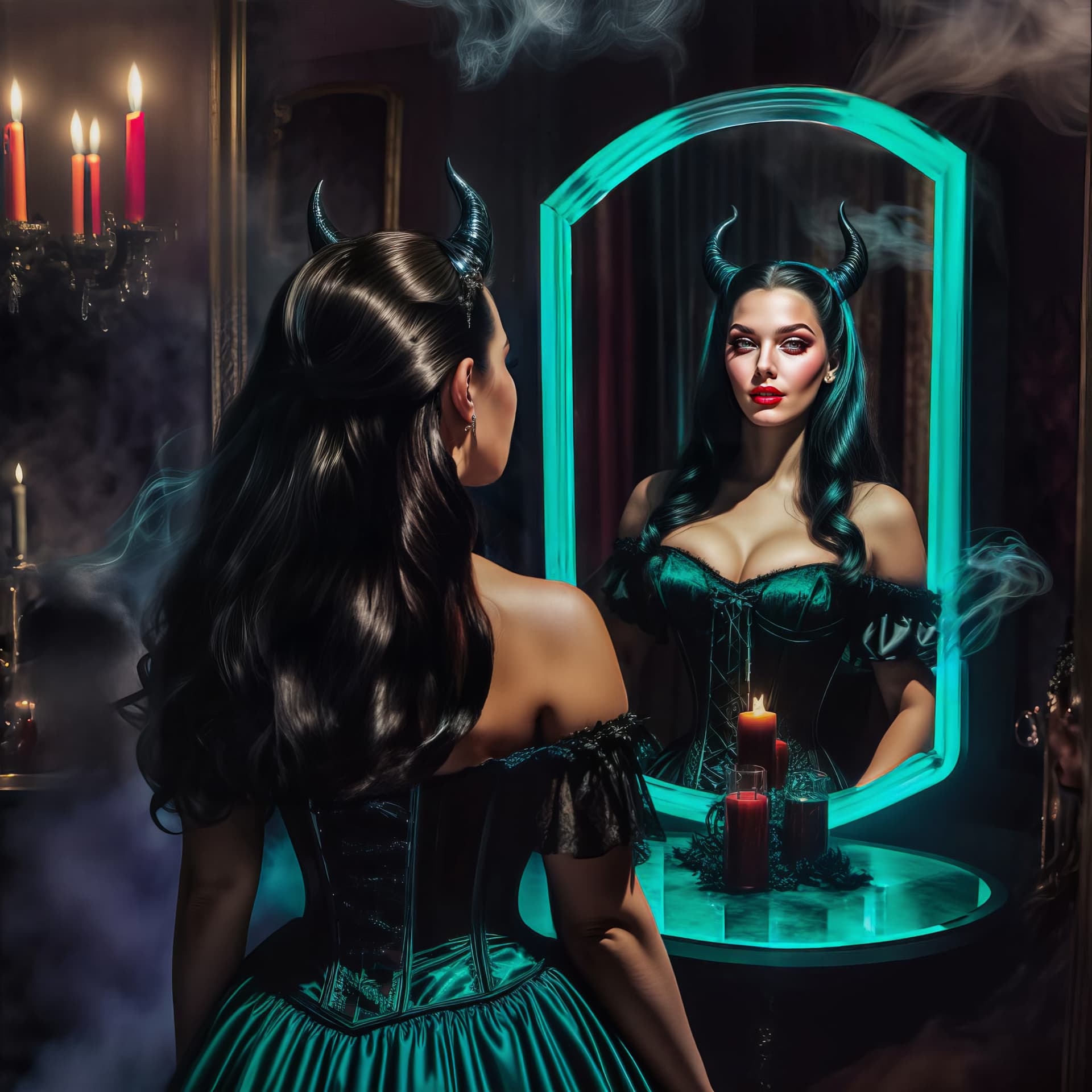 AI generated: (looking at a woman from behind:1.3) <lora:myownface:1>  as a 50s pinup model an evil fairy tale que...