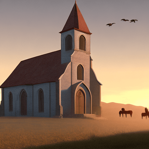 AI generated: old church at dusk, from the 1800s wild west with horses outside, high octane render, --ar 16:9