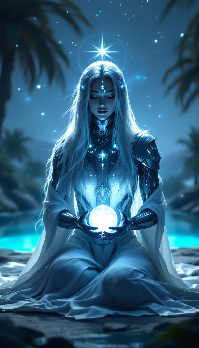 AI generated: A cinematic digital artwork featuring a serene, female armored figure in a kneeling and meditative p...