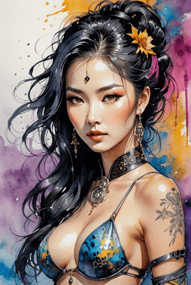 AI generated: psychedelic, steampunk, cyberpunk, neon, sumi-e, traditional chinese ink art, of a beautiful korean ...