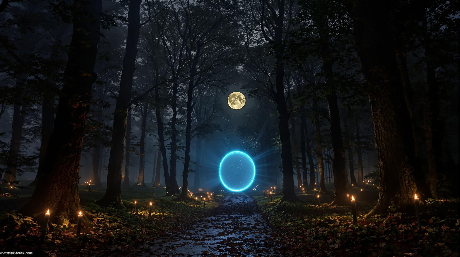 AI generated: a dark misty fairy tale forest at night time, a large gap in the trees at the centre of the image an...