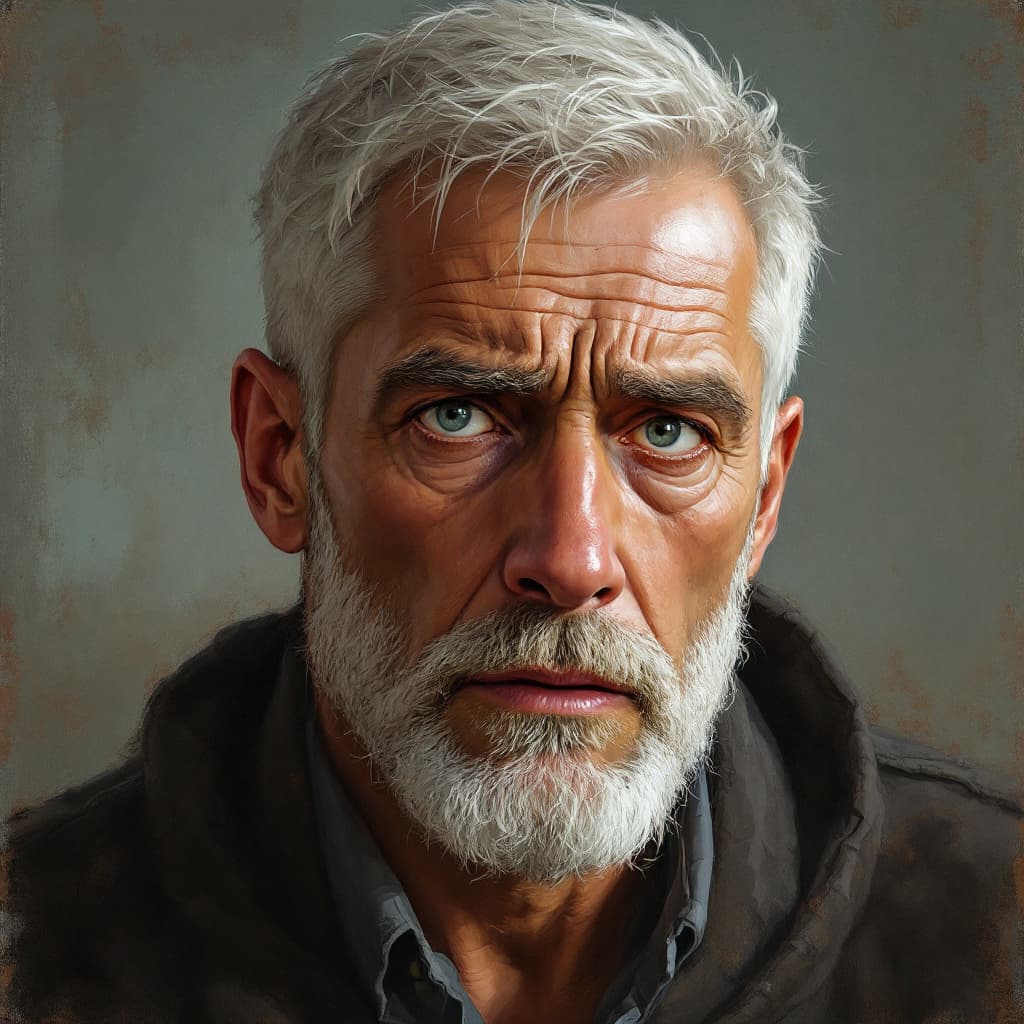 AI generated: Portrait view, painting style, 23 year old man, with sad eyes, looking around, short white hair and ...
