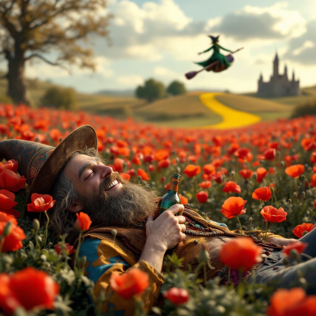 AI generated: a totally wasted  hippie with a dopey grin partly closed eyes is  in a field of poppies laying prone...