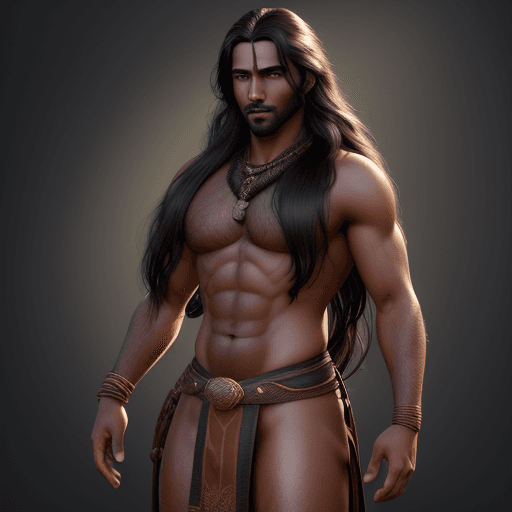 AI generated: Very handsome man, dark complexion, dark long hair, thirty years old, He wears a short loin cloth, M...
