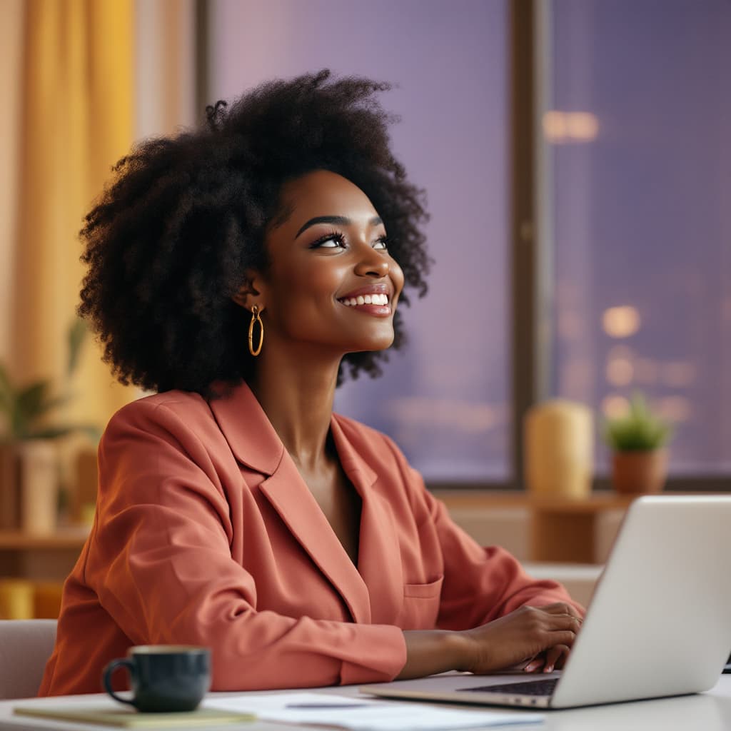 AI generated: a corporate black african girl full of grace and cheerfulness, sitting in a office thinking to herse...
