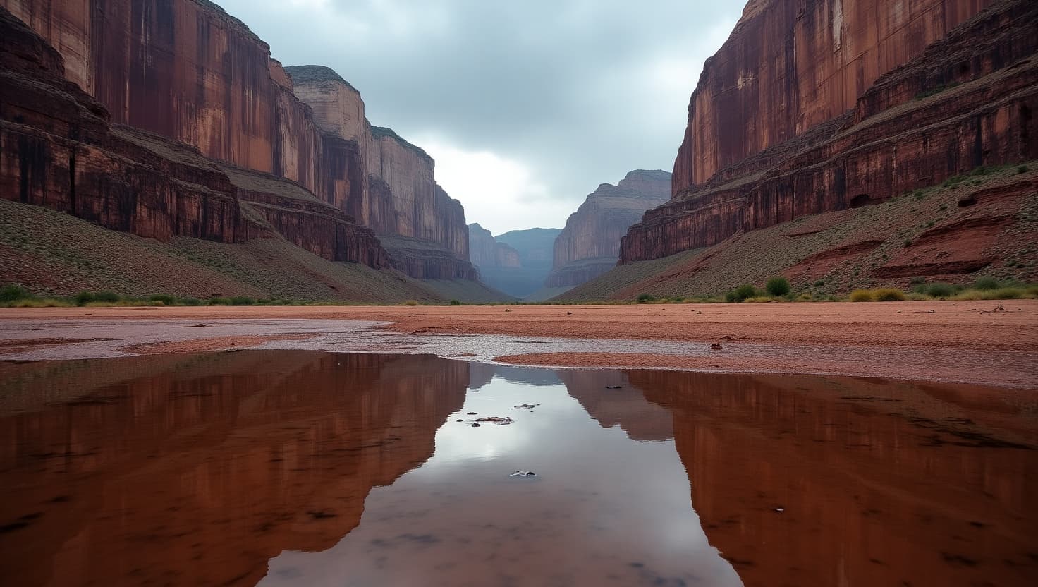 AI generated: A serene and symmetrical landscape unfolds after a heavy rainstorm, as the canyon floor transforms i...