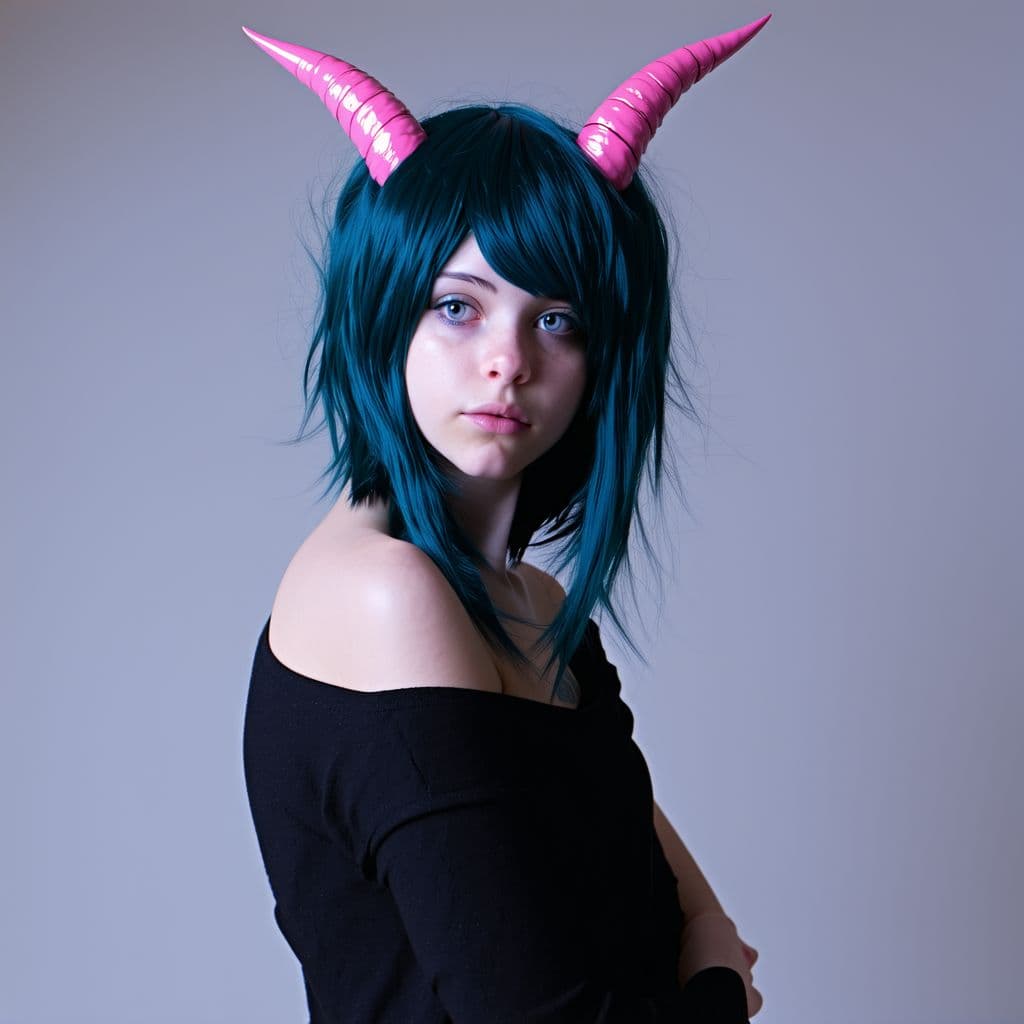 AI generated: Half body of dark blue haired girl with pink horns and goat ears wearing black shoulder less shirt a...