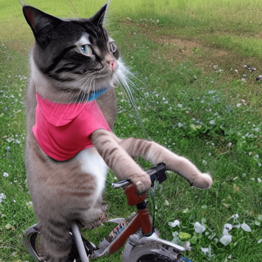 AI generated: A cat riding a bicycle with a pizza in hand