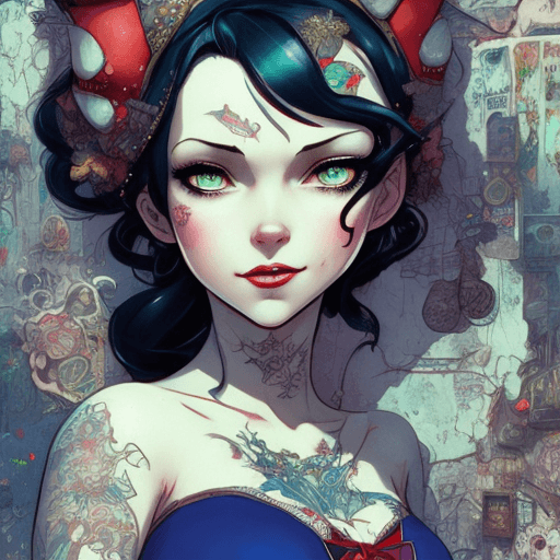 AI generated: Portrait of tatooed Snow White Disney movie, character design, detailed hair, punk art, acid punk, c...