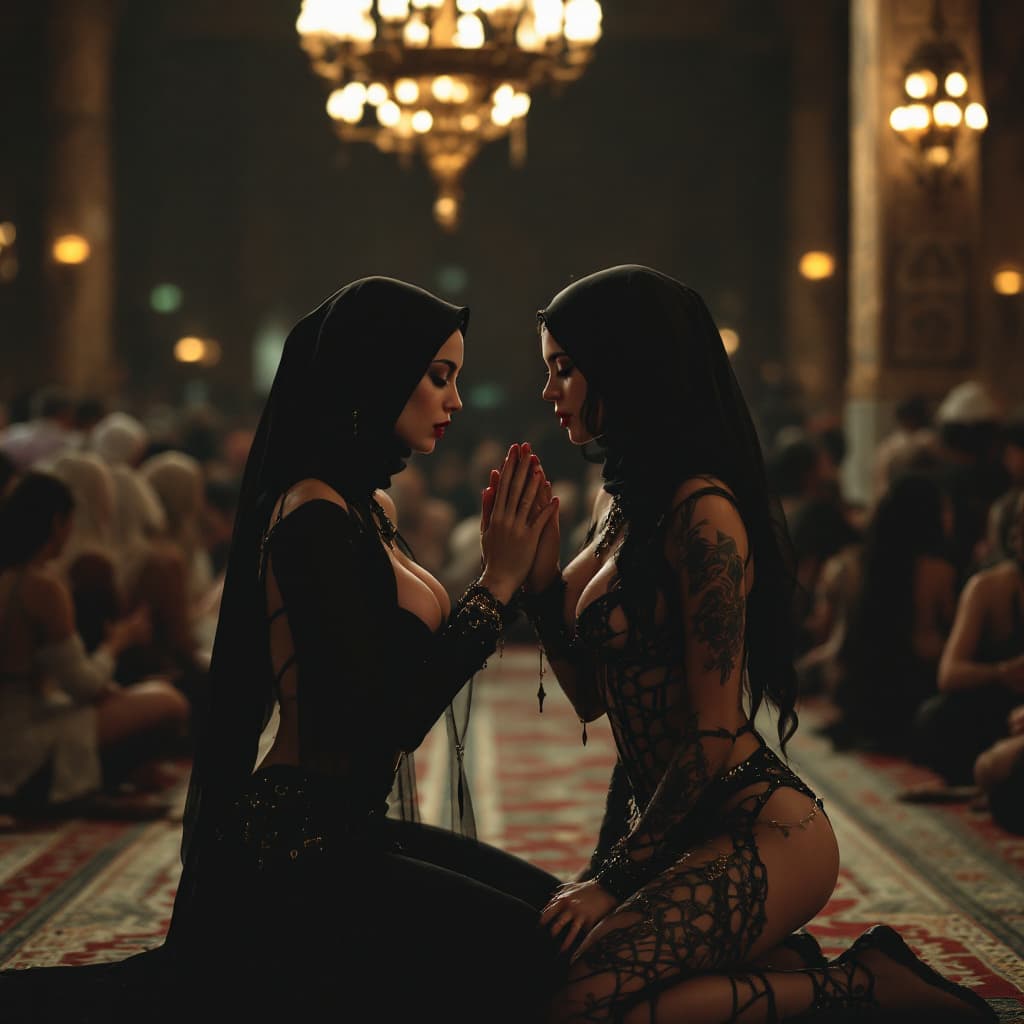 AI generated: goth, latex , harness, cleavage, erotic , hot, sexy, glamorous. hijabi, full body, nude, full body t...