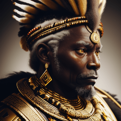AI generated: portrait photo of a african old warrior chief, tribal panther make up, gold on white, side profile, ...