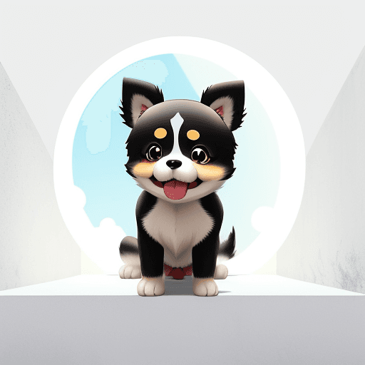 AI generated: a cute Chinese cartoon dog, no wings. In front of a white wall with a clear hole in the background