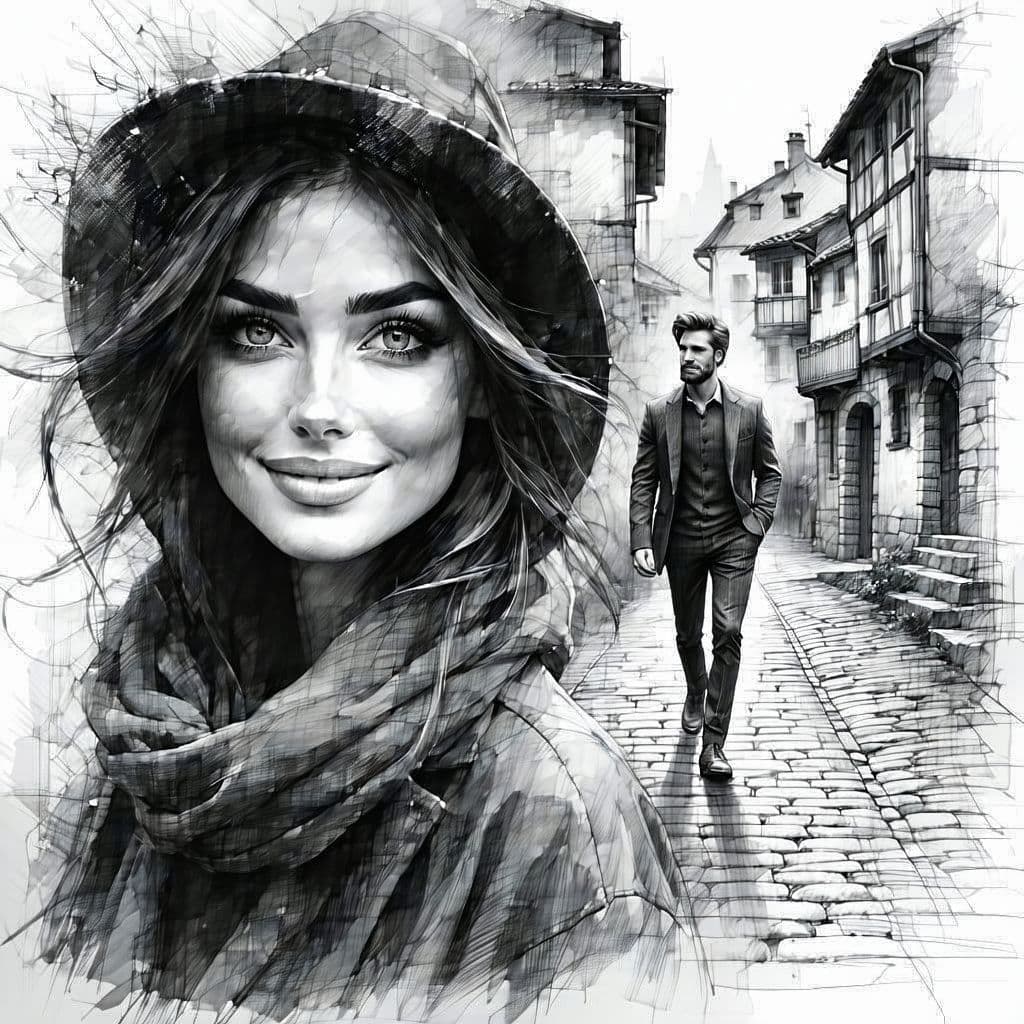 AI generated: 1 woman and a 1man walking on a cobblestone path, grayscale drawing, (photorealistic:1.37), incredib...