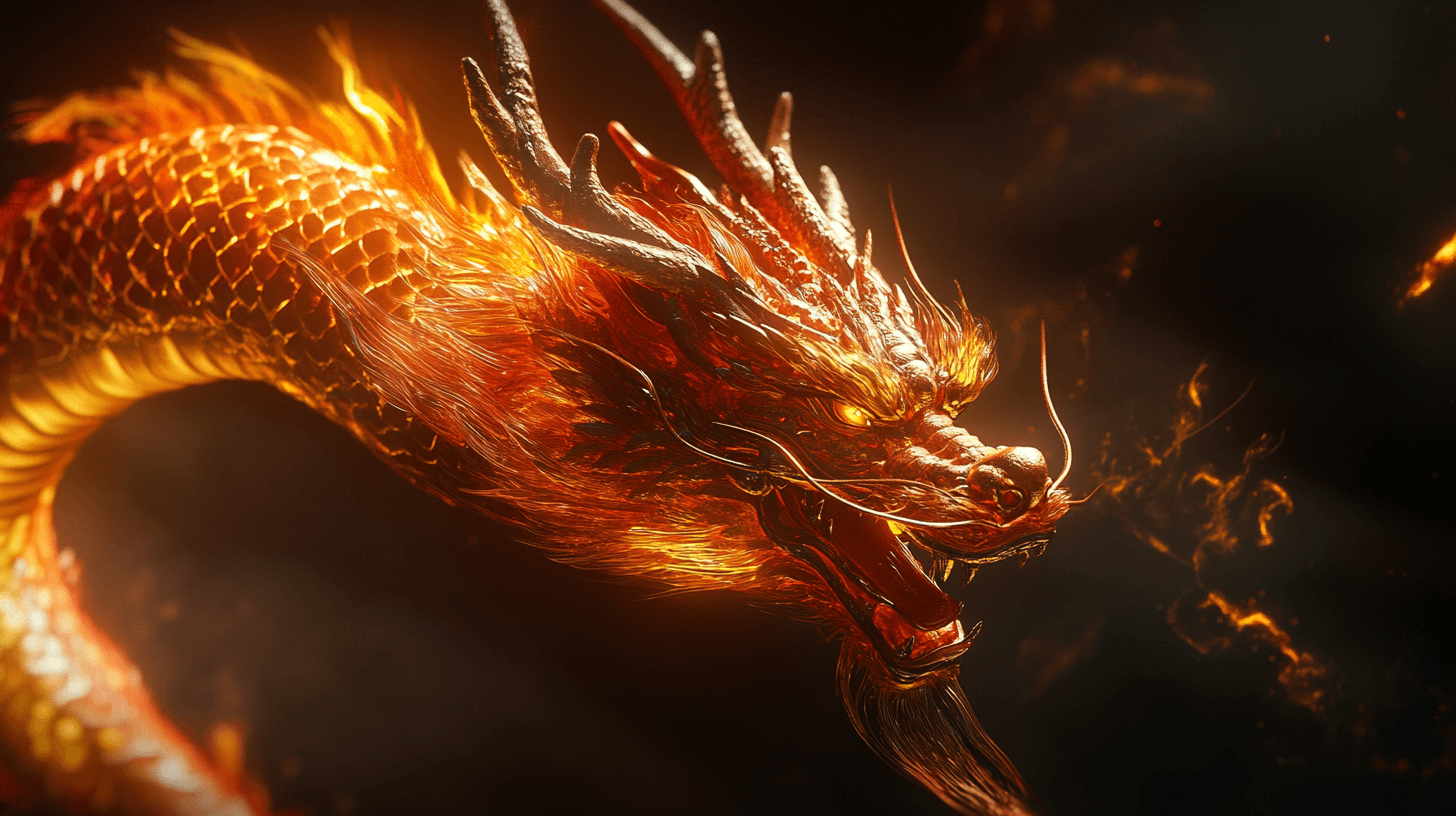 AI generated: A Chinese dark red dragon,full body,Close-up detail of dragon scalesdark background black and yellow...