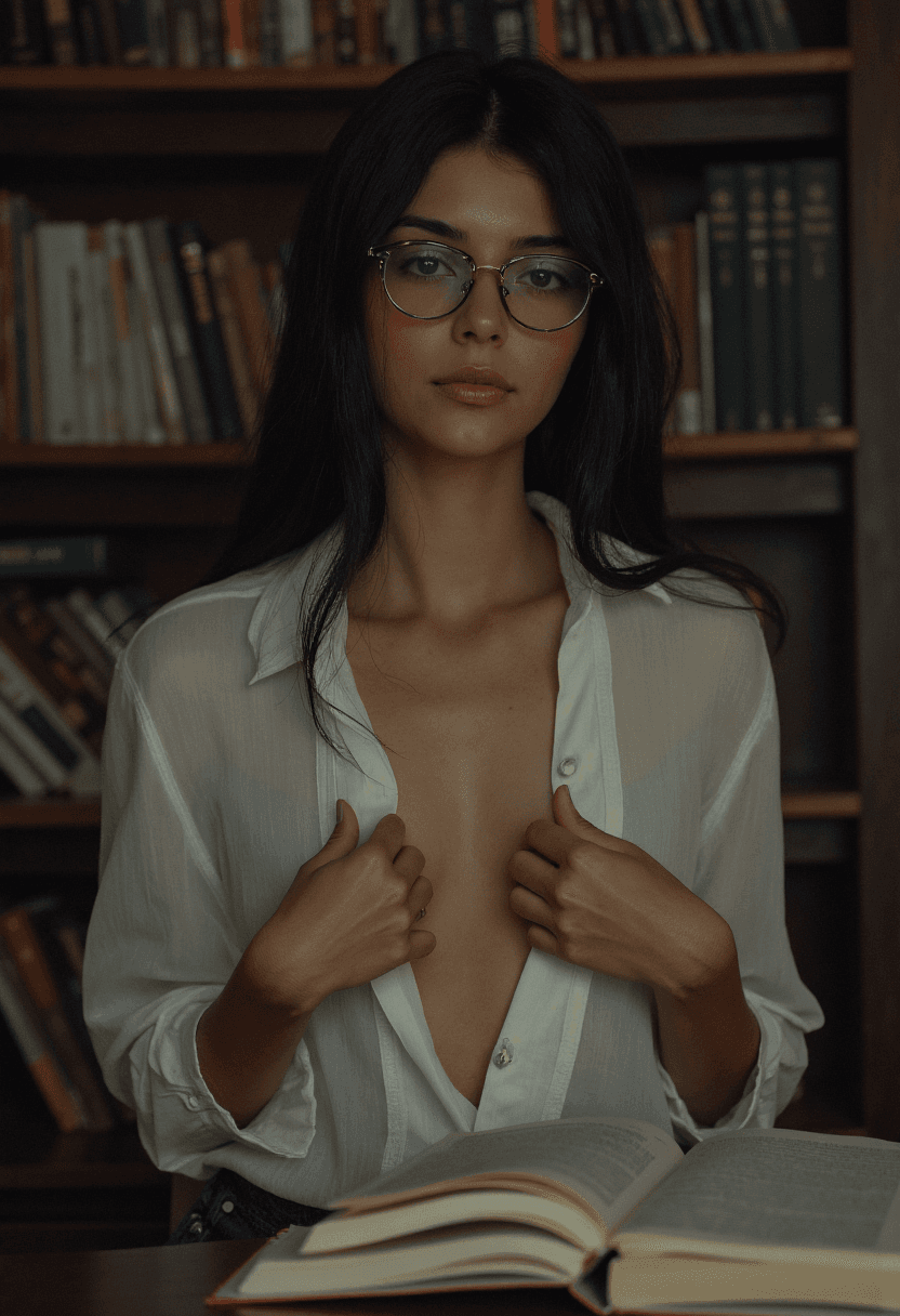 AI generated: A young teacher sits in a quiet library, surrounded by books and knowledge. Her dark-haired beauty i...