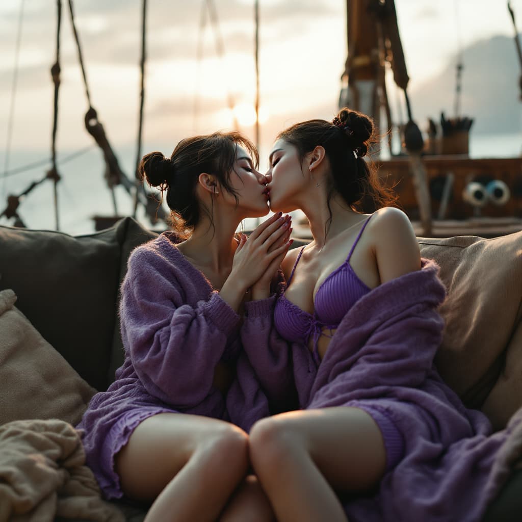 AI generated: Full body view of a Photo of a ultra realistic Two Korean ATHLETIC  women  wearing purple short chin...