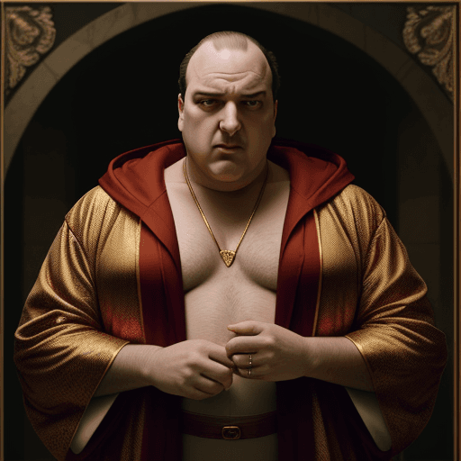 AI generated: Tony Soprano is dressed in a robe with a hood and holds a cigar near his lips. He releases smoke. Th...