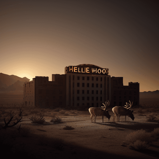 AI generated: Whitetail dear with antlers  and  big horned sheep standing outside with a crumbling 1950s casino bu...
