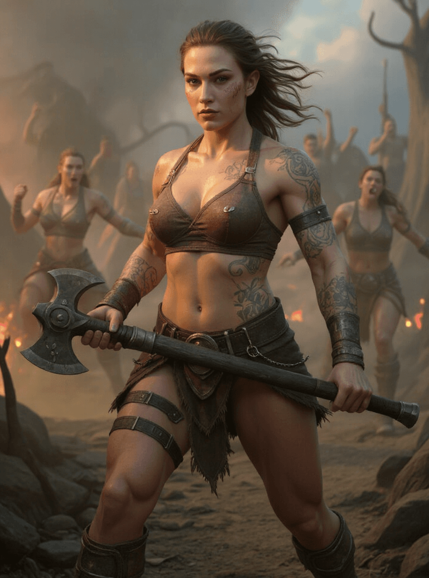 AI generated: Datamoshing. Full body shot 3/4 view of a young beautiful tattooed and scarred female barbarian warr...