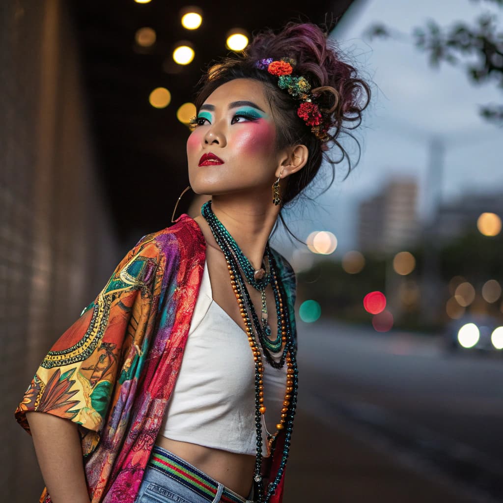 AI generated: an eclectic 30 year old East Asian woman with vivid colourful makeup, posing, wearing bohemian cloth...