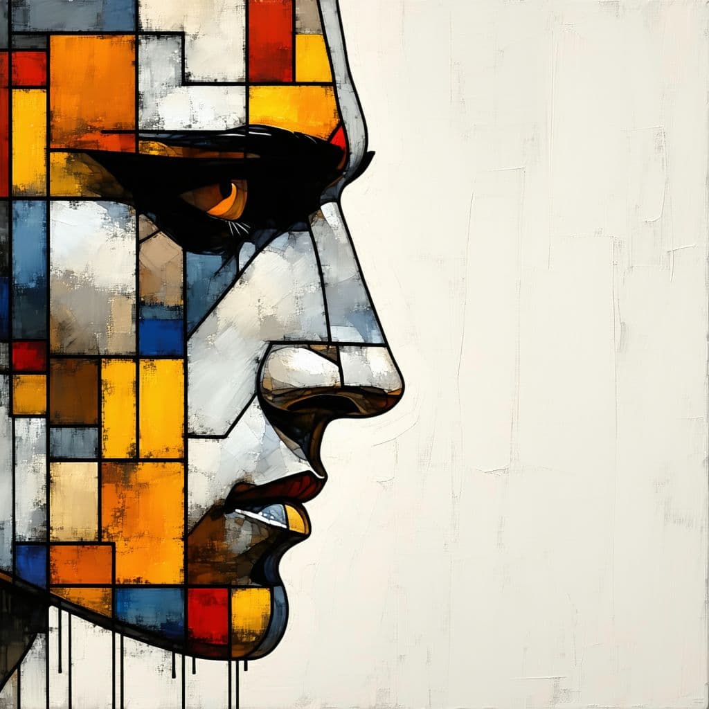 AI generated: illustration, sculpture, man, face, gaze, mud, mondrian, consisting dark colors, black outline, patt...