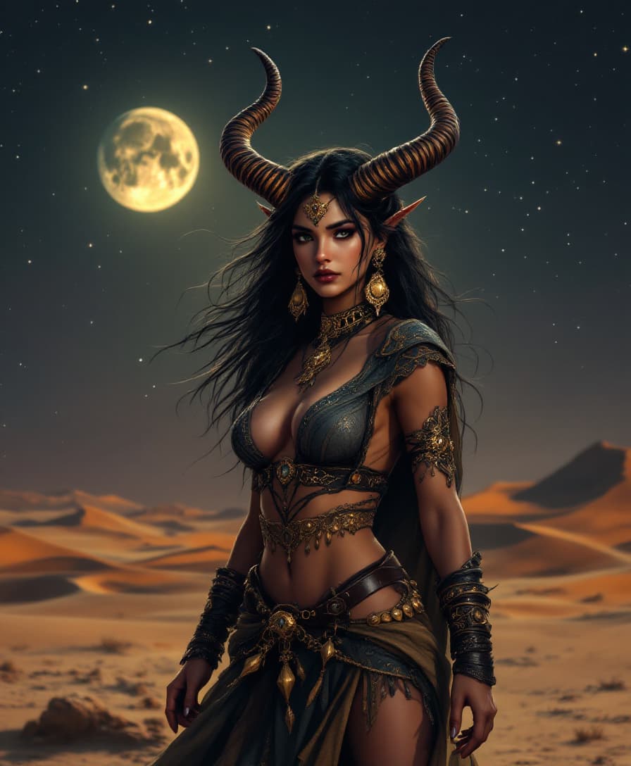 AI generated: A detailed and atmospheric illustration, full body shot of a young beautiful Persian female,  horned...