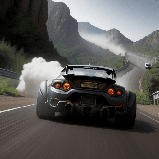 AI generated: Asupercar in a high-speed race on a winding mountain road, surrounded by lush greenery and dramatic ...