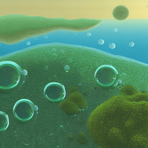 AI generated: strange single-celled organisms, toxic, oxygen-free atmosphere, early land plants, cyanobacteria rel...